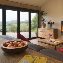 A close view out through Origin's closed doors from within a barn conversion