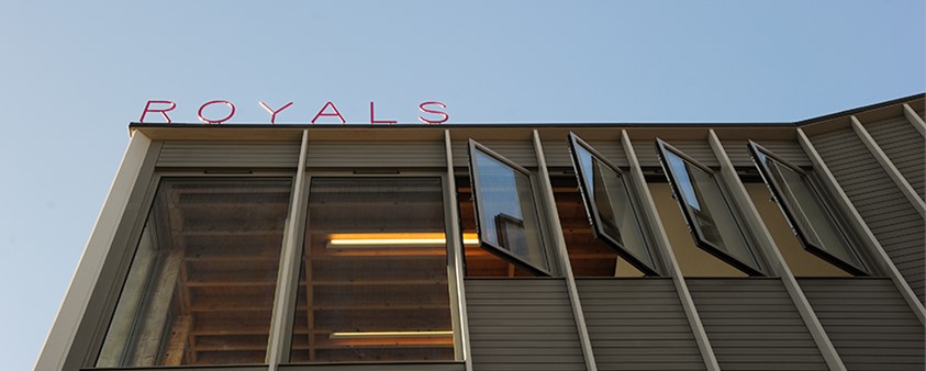 A low angle shot showing the new windows in the roof of the Royals Youth Centre in London