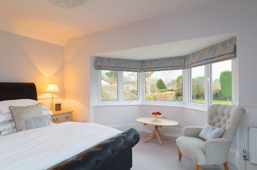 A close up of a bay window in a bedroom