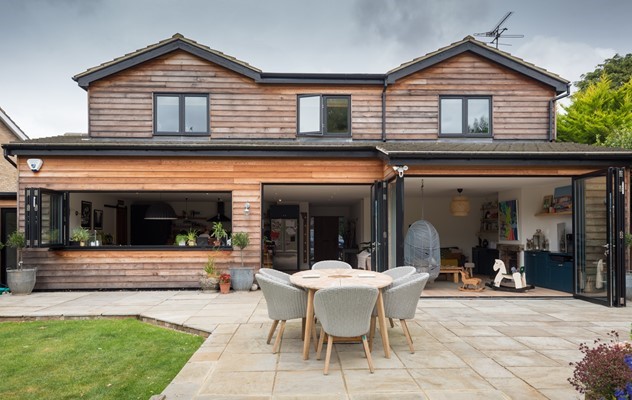 Origin Bifolding Window transforms this open plan living space in Hertfordshire 