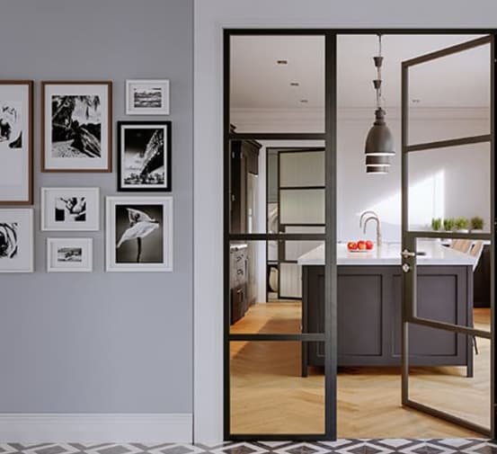 Doors opening to kitchen