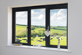 Origin aluminium window with a view of a field with cows in it.