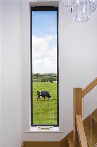 Looking out of a fixed window from Origin out onto a field. 